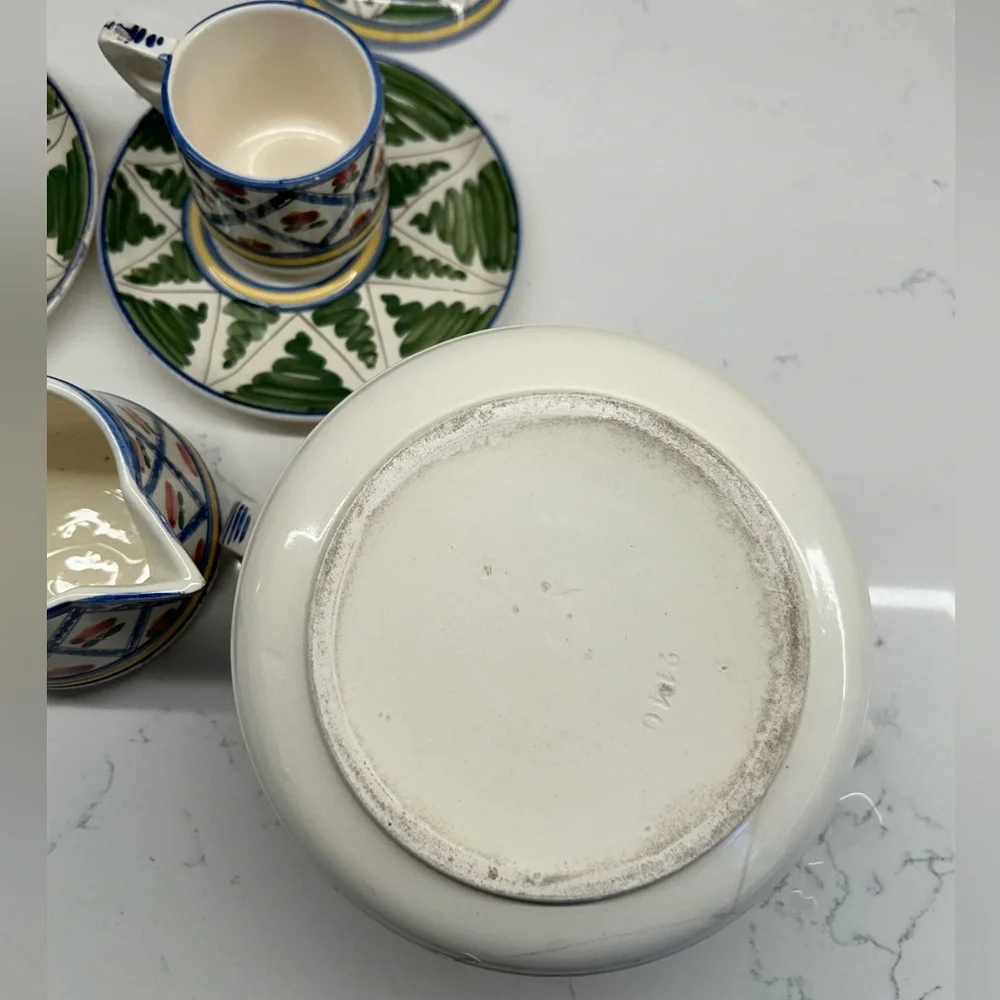 Ceramic Vintage Tea Pot Set w/ Creamer, 2 Cups & Saucers in Green, Red & Yellow